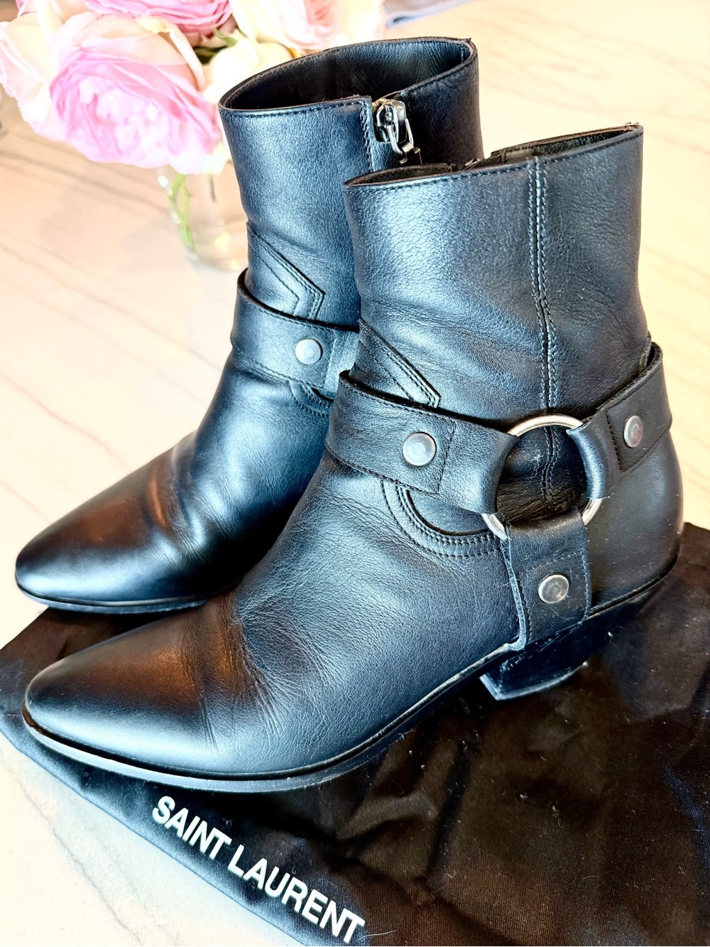 Saint Laurent Women’s Black West Western Rock Harness Ankle Boots 37.5 7.5